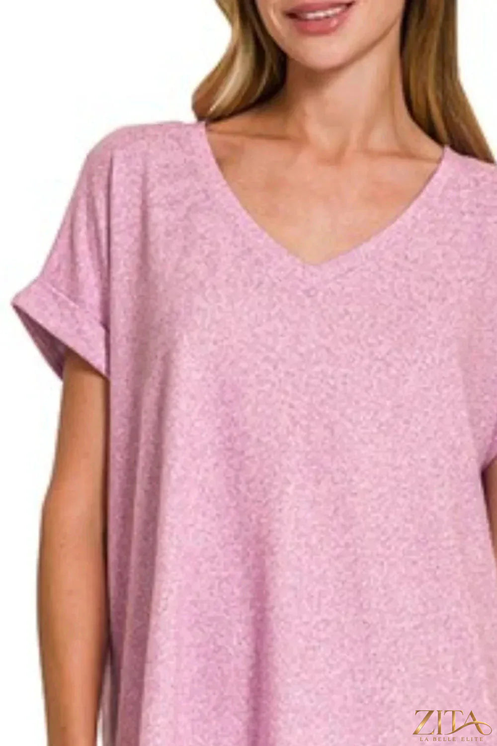 Soft melange Hacci V-neck tee from Zenana, featuring a comfortable fit and casual style in natural fabric.