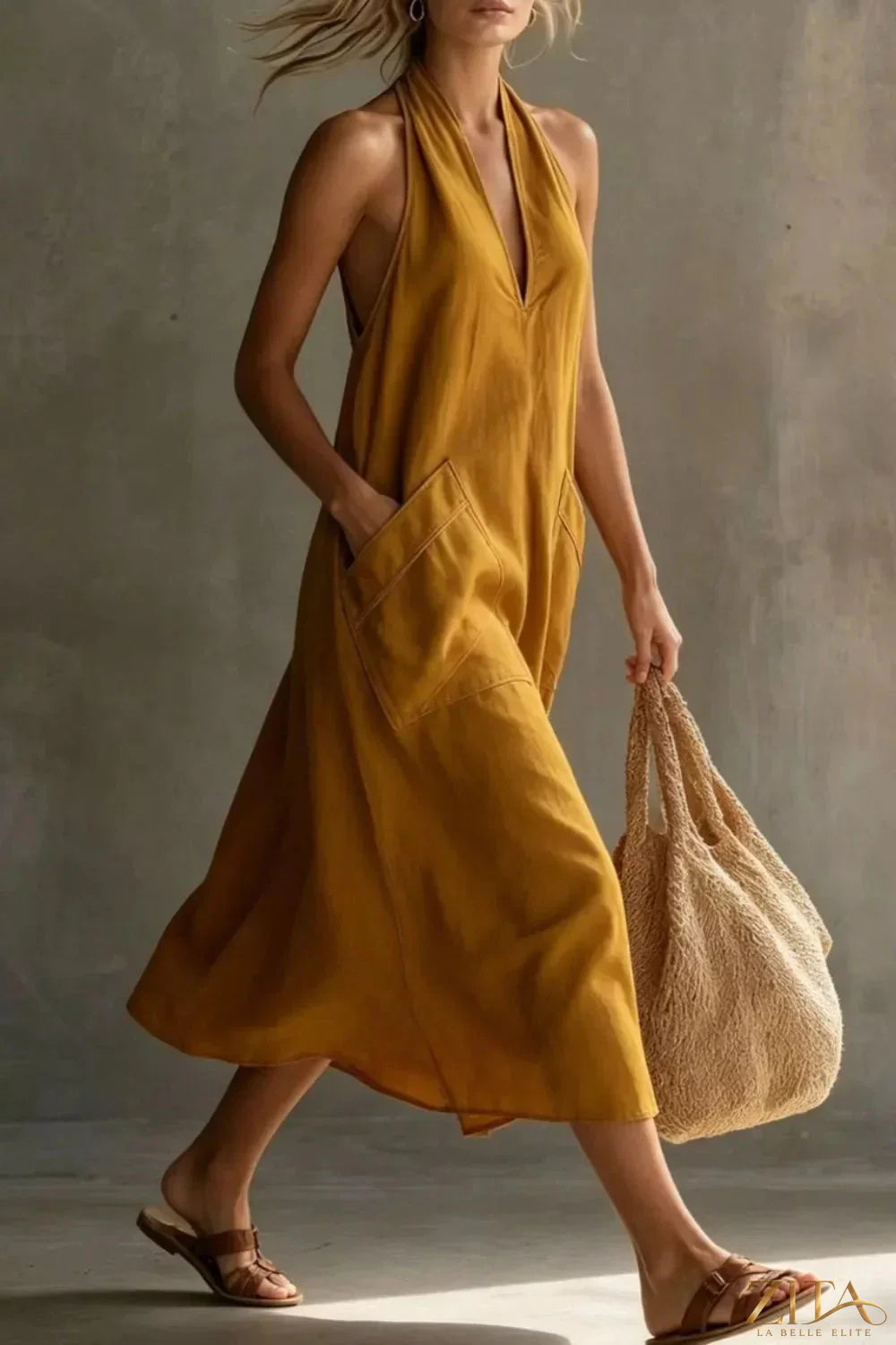 Casual Zita La Belle Elite halter neck pocket midi dress in lightweight fabric, with a relaxed fit and side pockets.