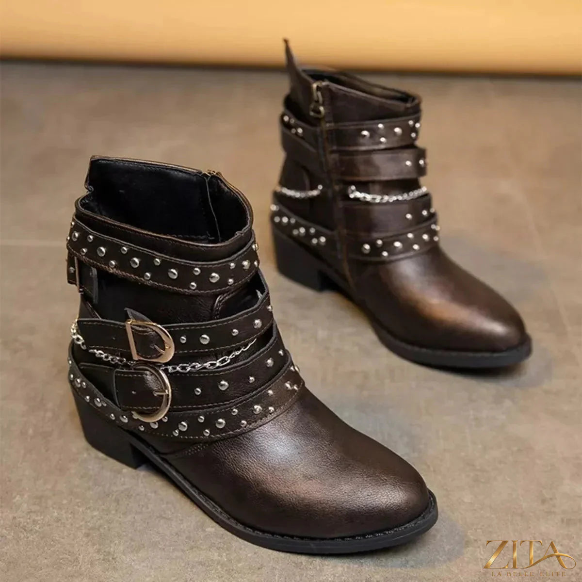 Zita La Belle Elite studded buckle ankle boots with chunky heel and black leather finish.