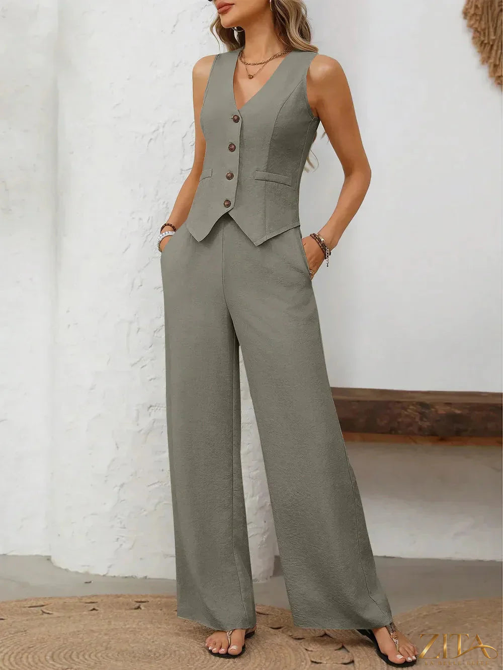 Zita La Belle Elite V-neck button-down vest and wide-leg pants set in a stylish, coordinated outfit displayed on a model.