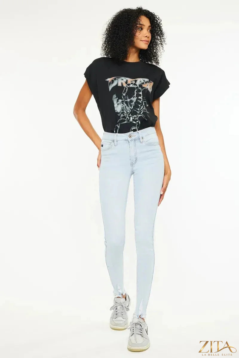 Zita La Belle Elite Kancan high rise super skinny jeans shown on a model, featuring a snug fit and classic denim wash.