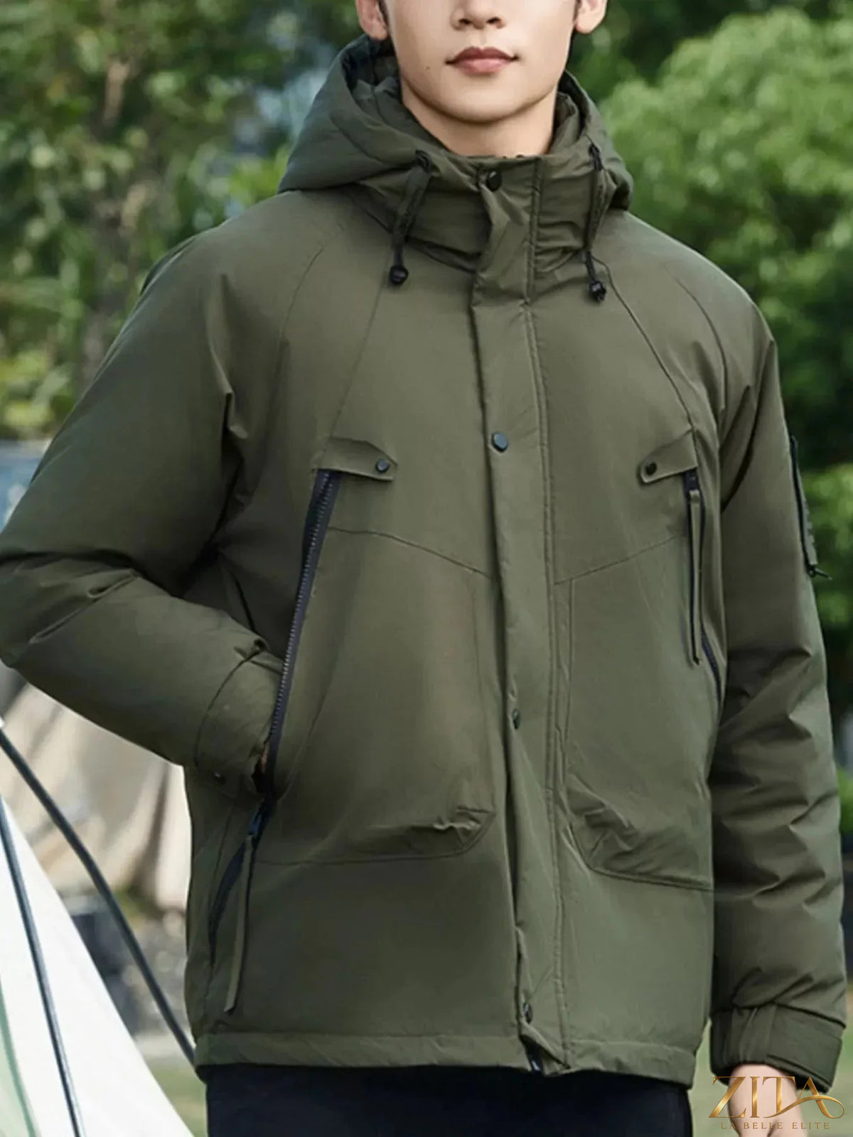 Plus size men's hooded snap down jacket by Zita La Belle Elite, featuring a front snap closure and adjustable hood.