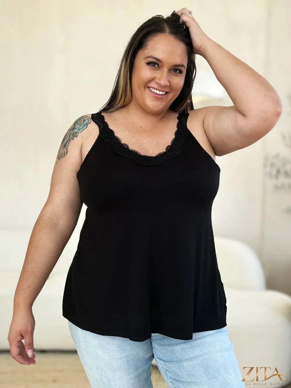 Zita La Belle Elite Basic Bae full-size lace detail V-neck cutout cami with delicate lace accents and V-neck design.