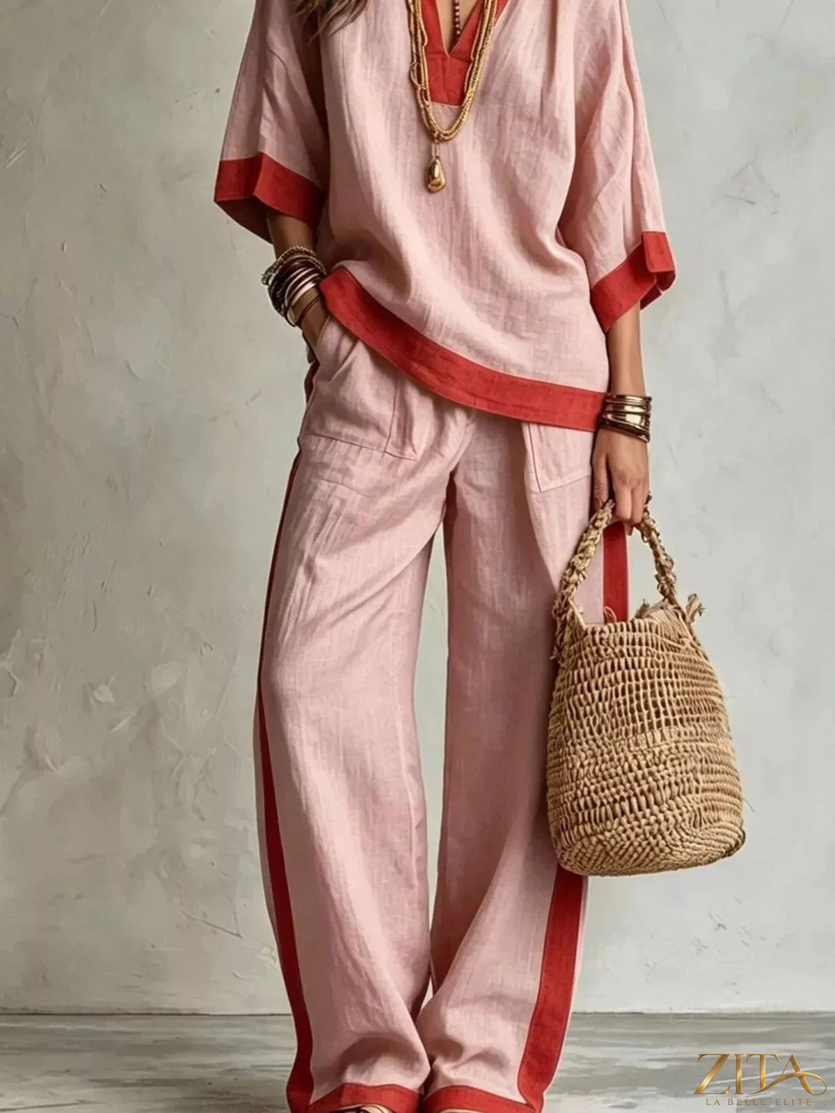 Plus size Zita La Belle Elite contrast trim top and wide-leg pants set, featuring a stylish coordinated outfit with trim details.