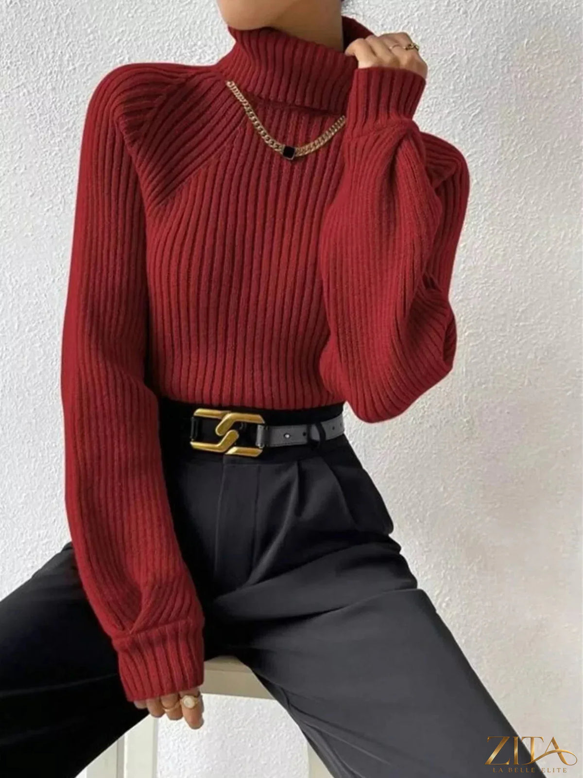 Zita La Belle Elite ribbed knit turtleneck sweater in cozy fabric, close-up view highlighting the textured ribbed pattern.