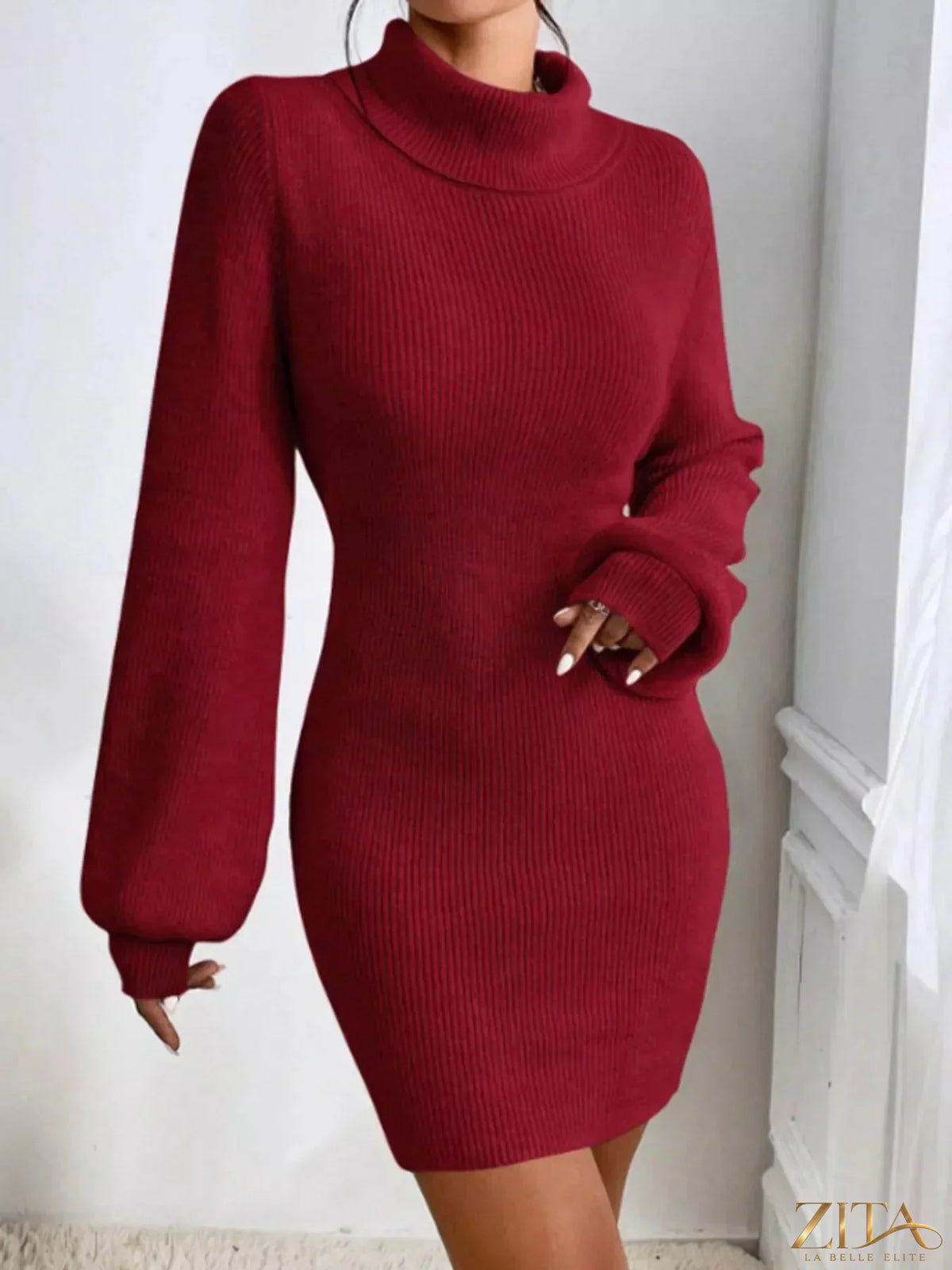 Ribbed knit turtleneck sweater dress by Trendsi featuring a fitted silhouette and cozy texture, styled for casual wear.