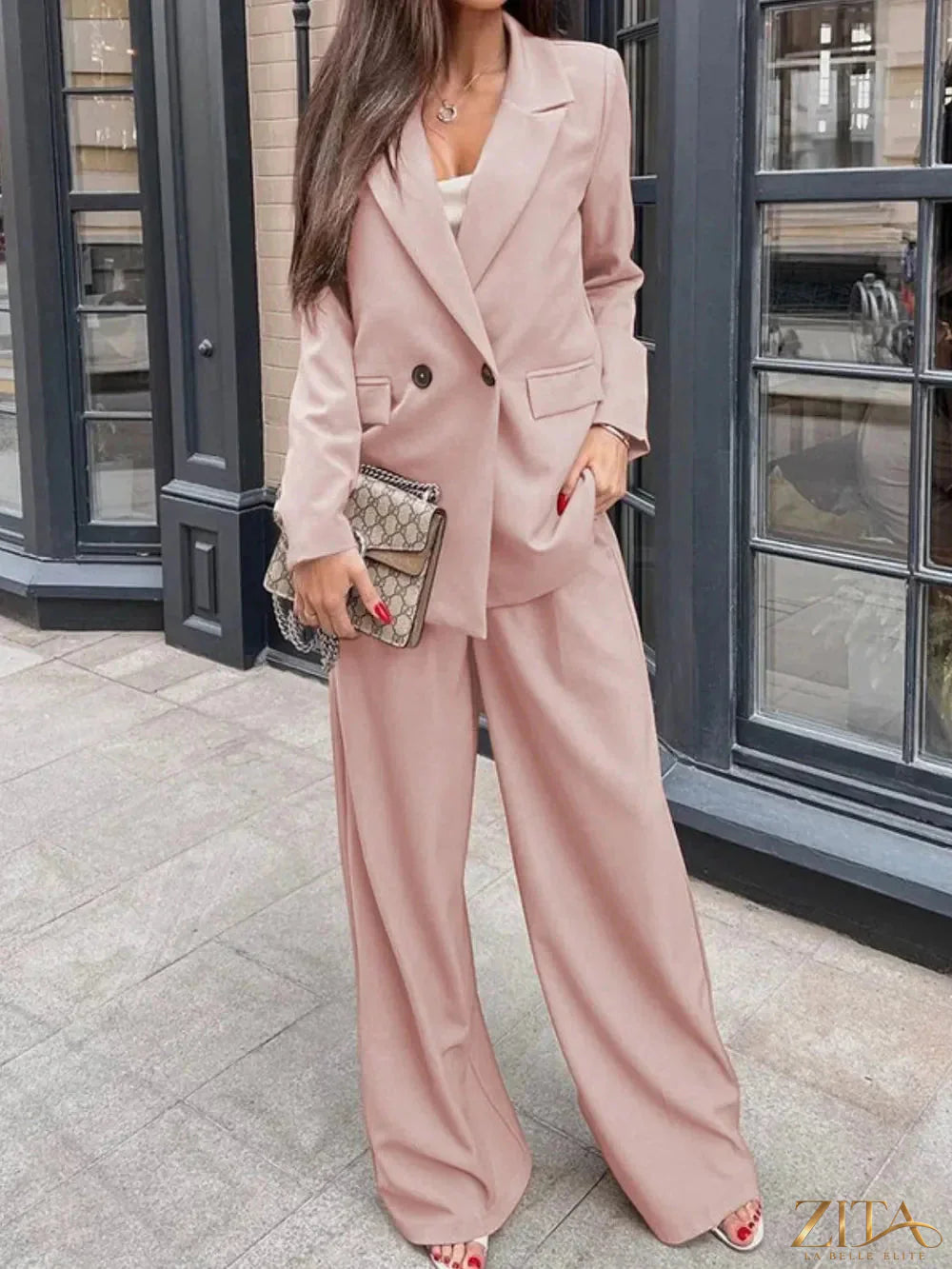 Zita La Belle Elite buttoned lapel collar long sleeve blazer and matching pants set, in a stylish and tailored design.