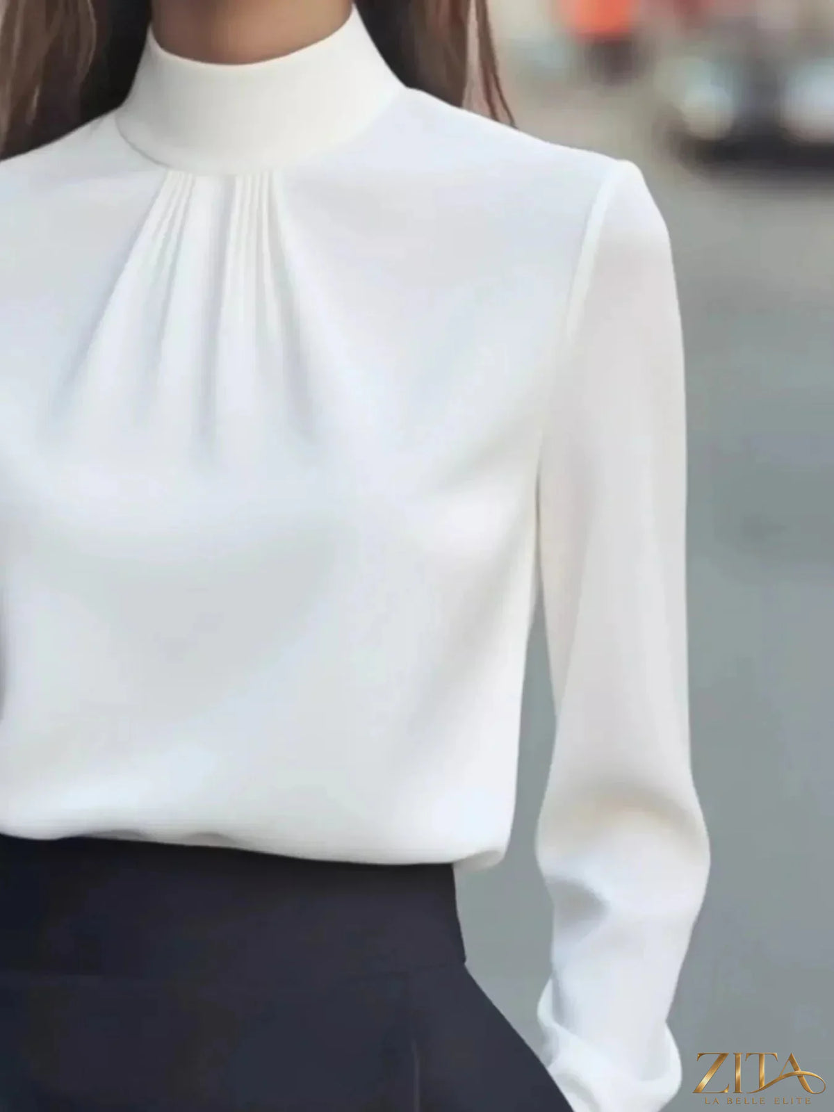 Zita La Belle Elite mock neck long sleeve blouse with pleated detail, featuring a fitted silhouette and elegant design.