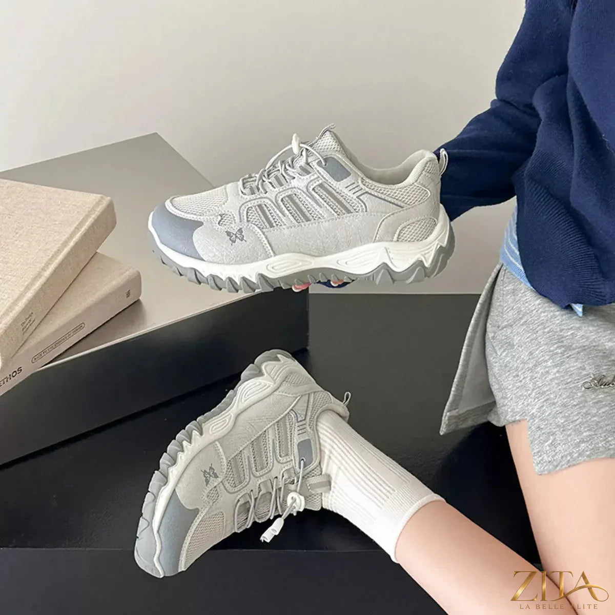 Zita La Belle Elite round toe lace-up sneakers in white with rubber soles, stylish and comfortable for casual wear