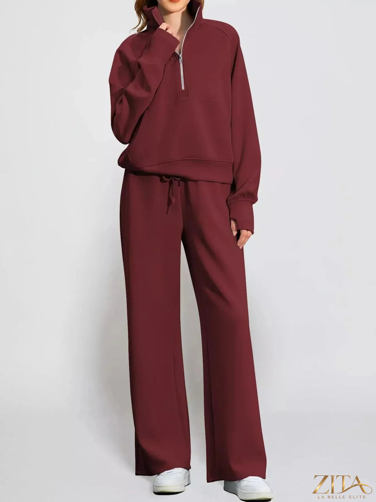 Zita La Belle Elite half-zip sweatshirt and wide-leg pants set, casual loungewear with comfortable fit and stylish design.