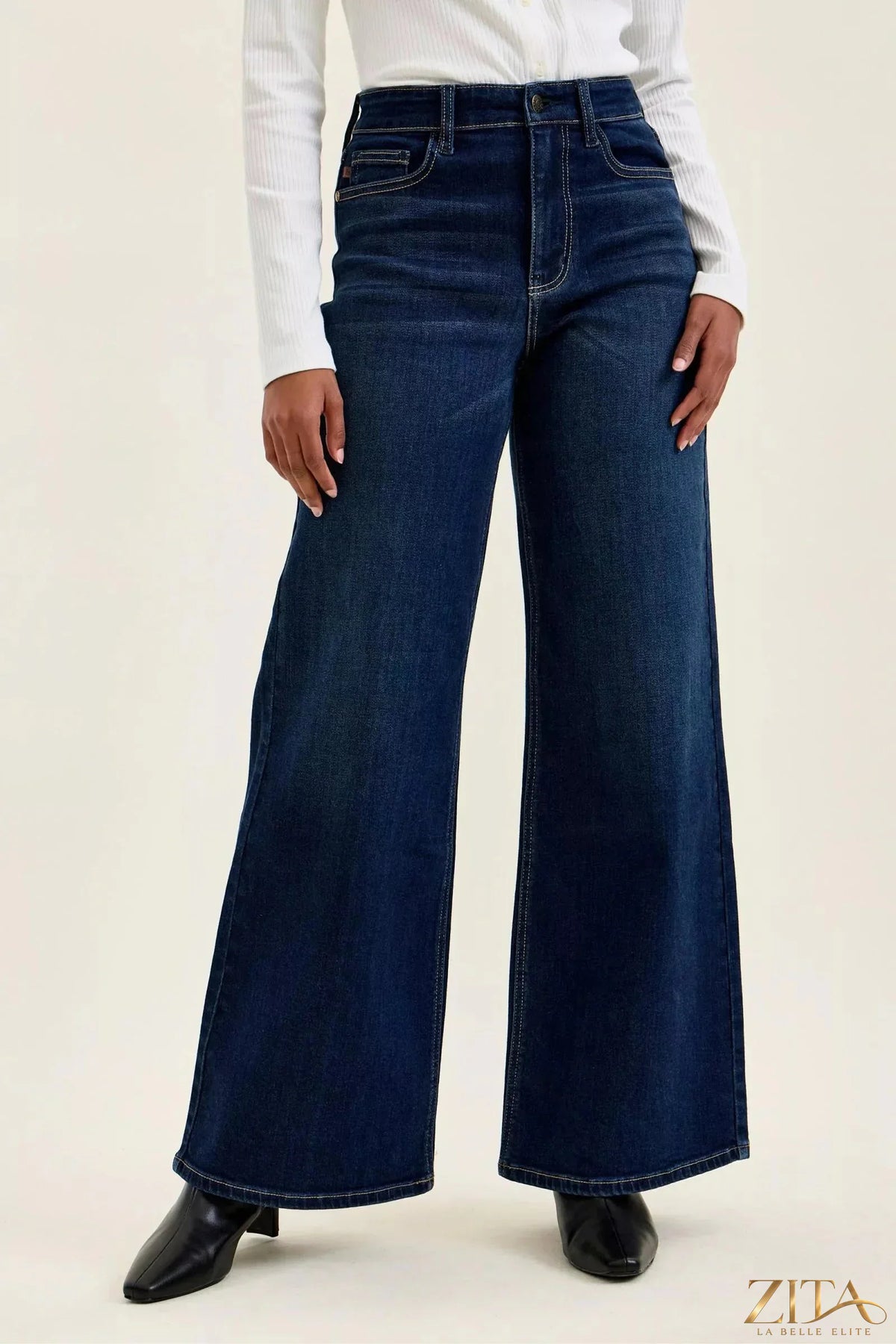 Zita La Belle Elite Judy Blue high-waisted wide-leg dark wash jeans with classic denim texture and relaxed fit.