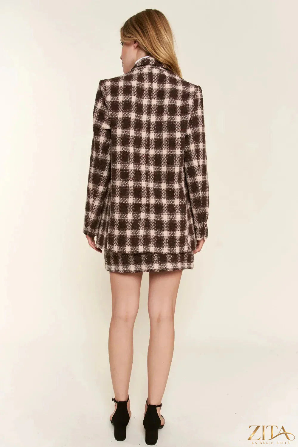 Zita La Belle Elite plaid brushed full-size blazer with a single button, featuring a stylish tailored fit and classic design.