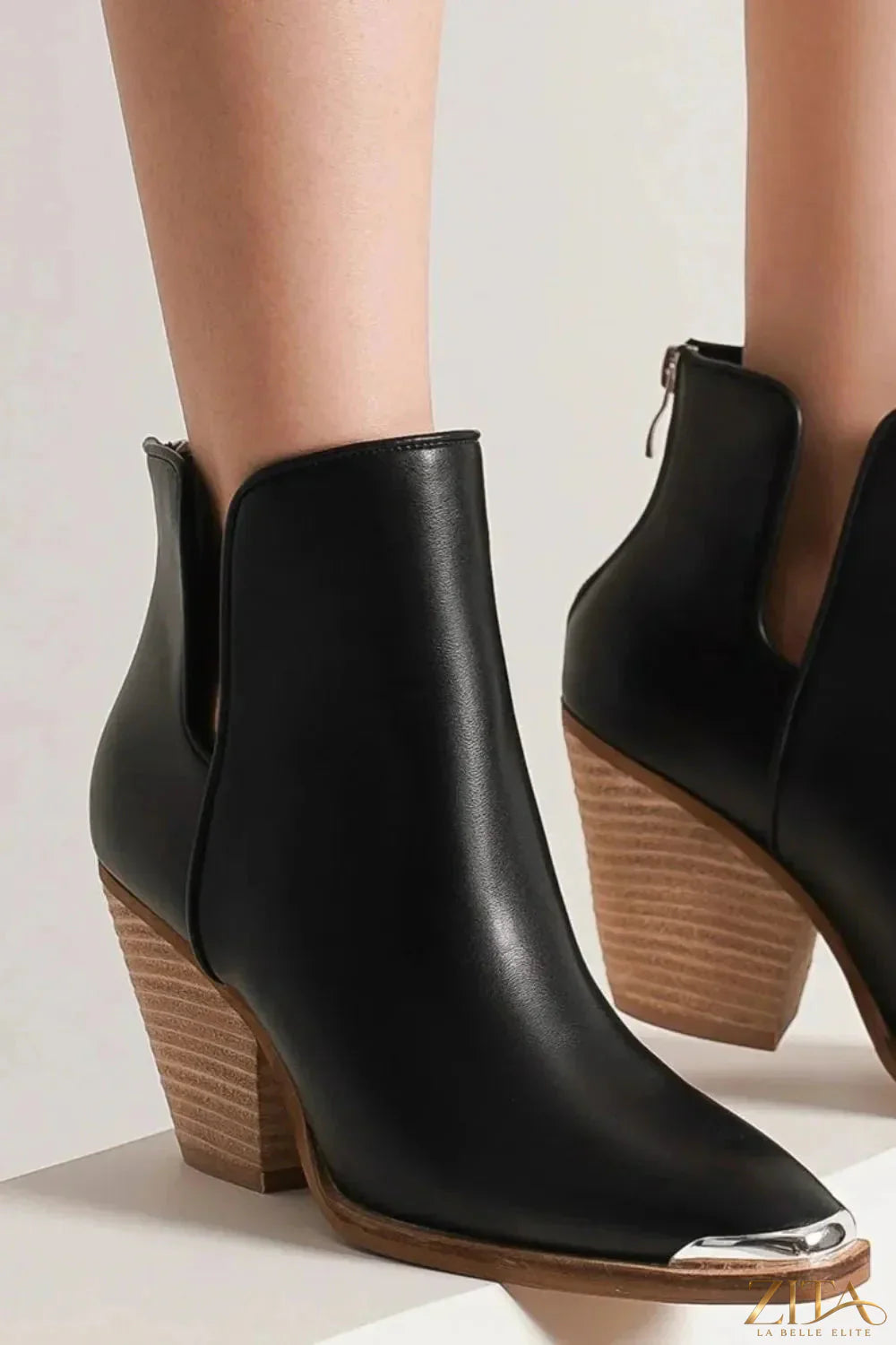 Zita La Belle Elite pointed metal-tip toe block heel ankle boots with sleek design and stylish ankle height.