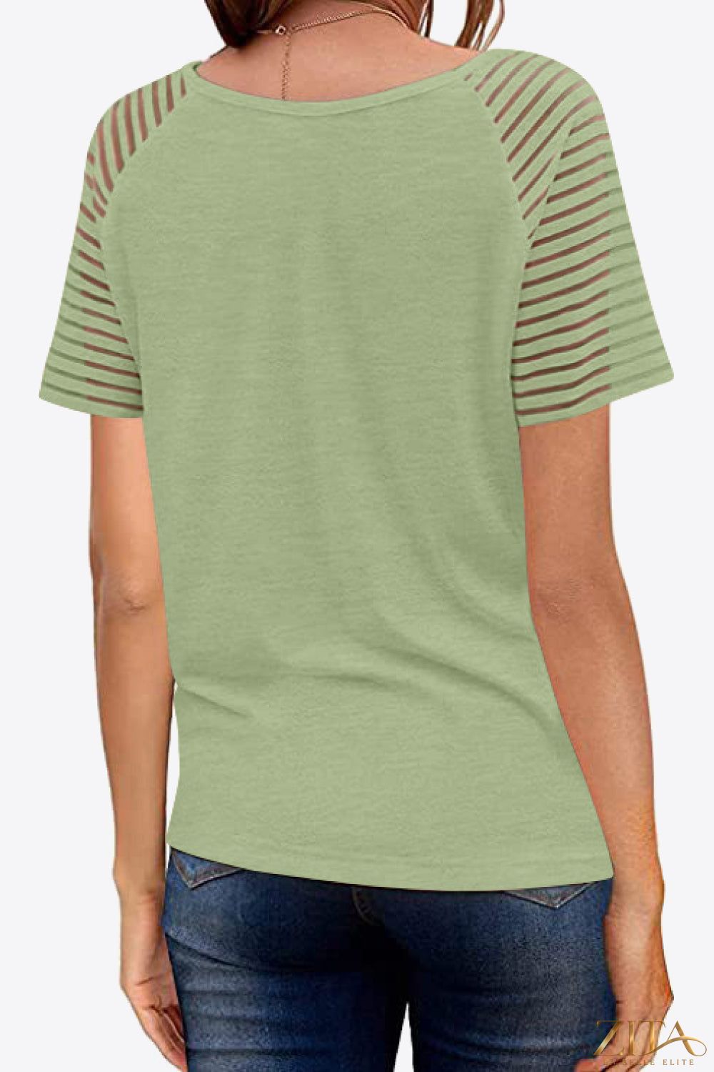 V-neck raglan sleeve tee by Trendsi, featuring a comfortable fit with contrasting colored sleeves and a soft cotton fabric.