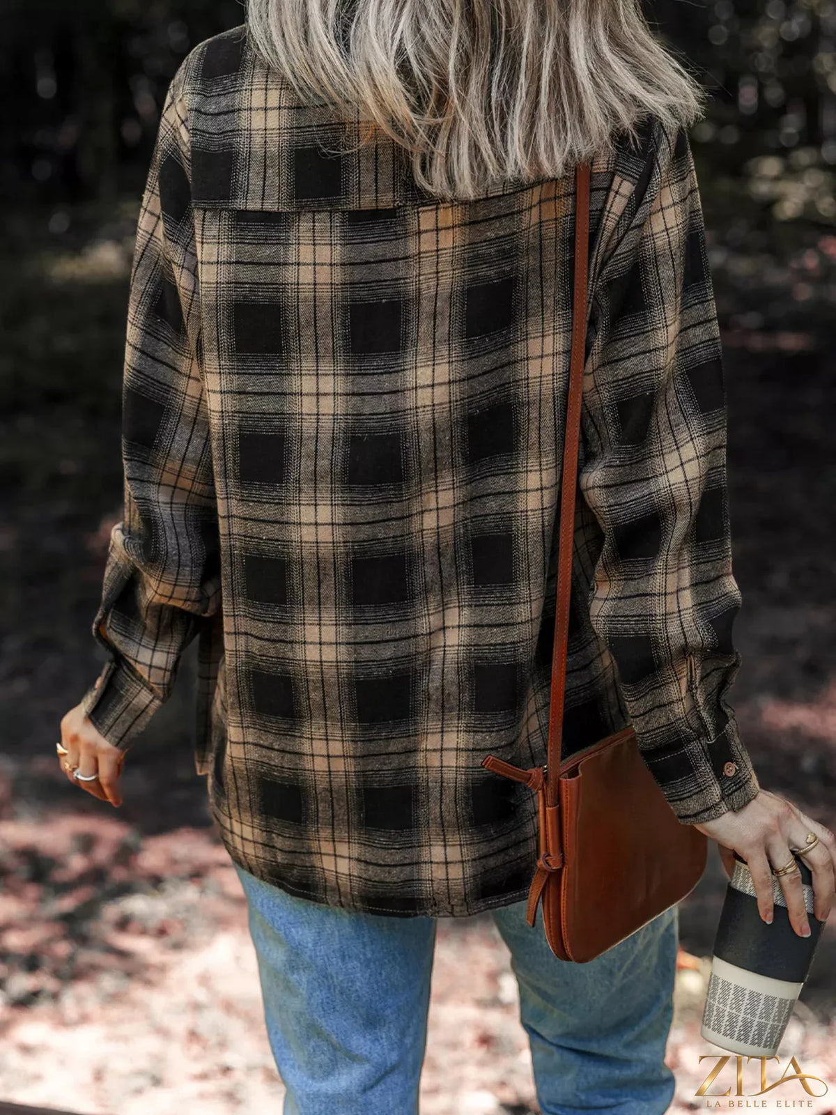Zita La Belle Elite plaid brushed shacket with double flap pockets, featuring a stylish, cozy design in neutral tones.