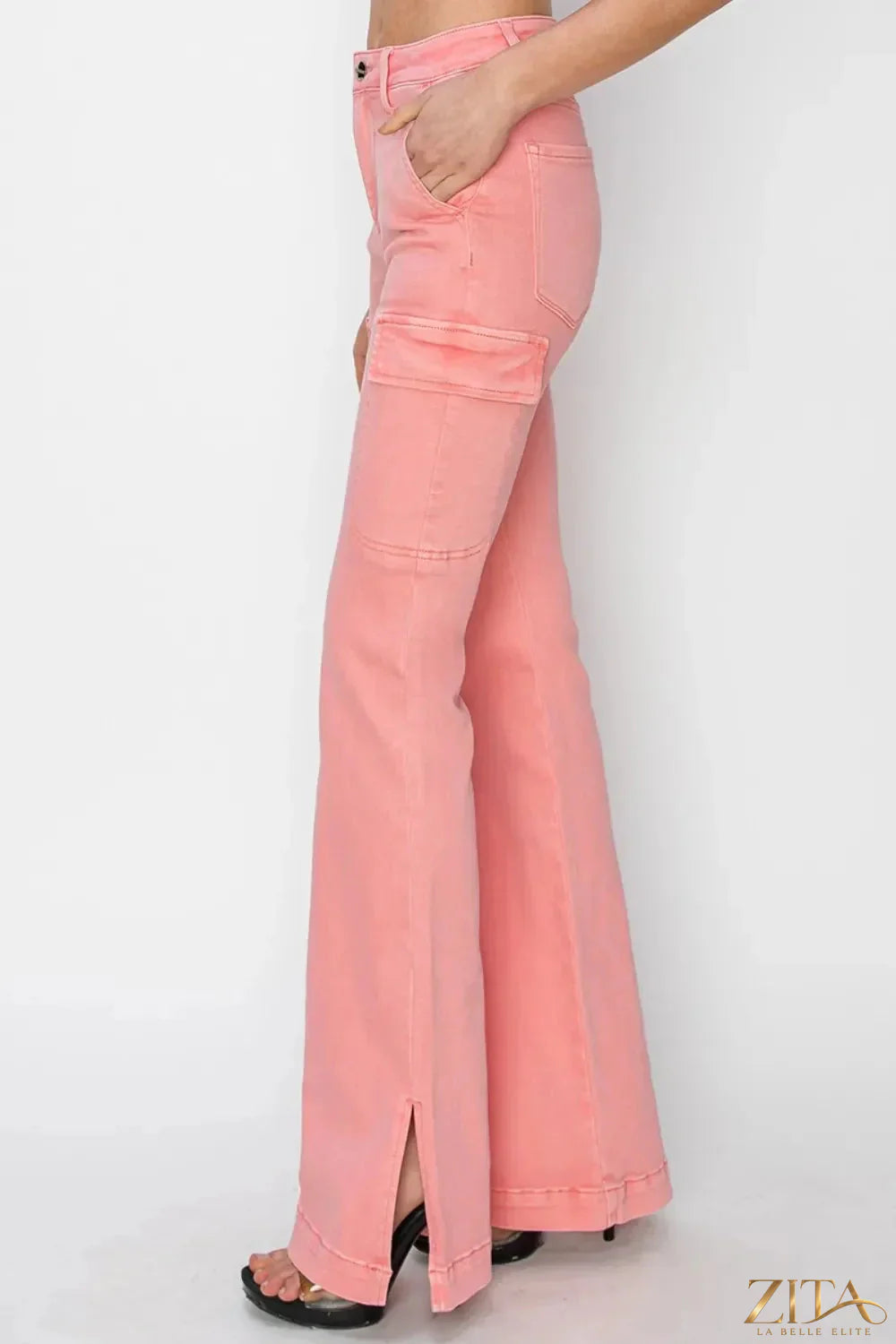 Zita La Belle Elite RISEN high rise side slit cargo bootcut jeans, full size, denim fabric with a relaxed fit and side slits.