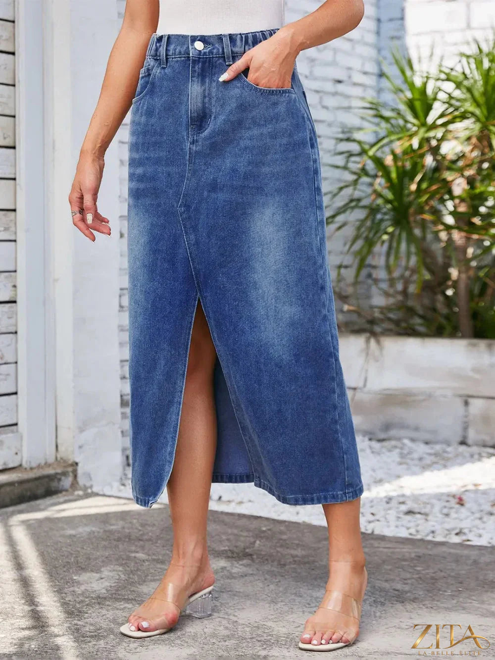 Zita La Belle Elite slit midi denim skirt with pockets, showcasing a stylish blue denim design and side slit detail.