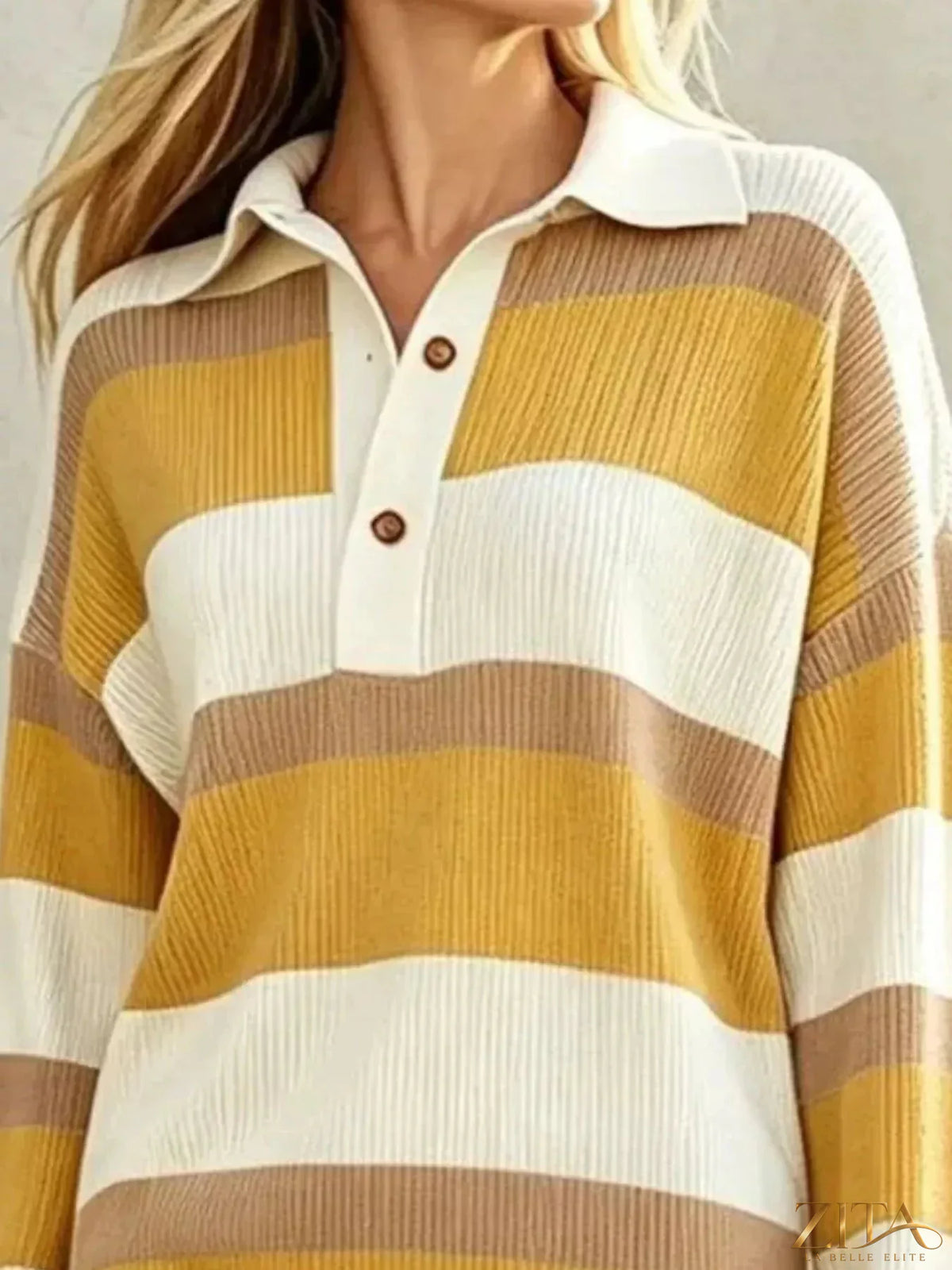 Zita La Belle Elite striped polo collar long sleeve sweater dress with vertical multicolor stripes and a relaxed fit.