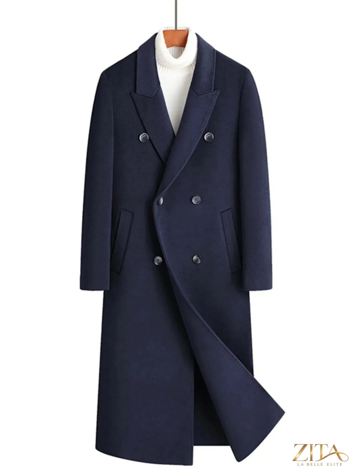 Men's plus size double-breasted wool coat by Zita La Belle Elite, showing the long, tailored design and classic lapels.