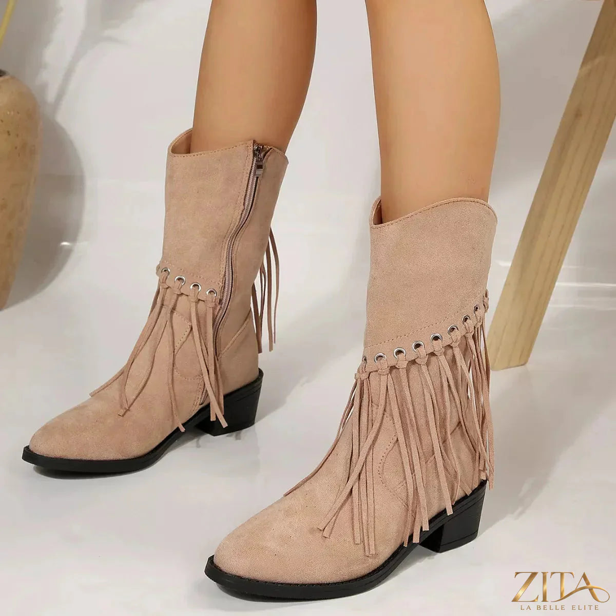 Zita La Belle Elite Fringe Western Block Heel Boots with tan leather, fringe details, and sturdy block heel, stylish cowboy-inspired footwear