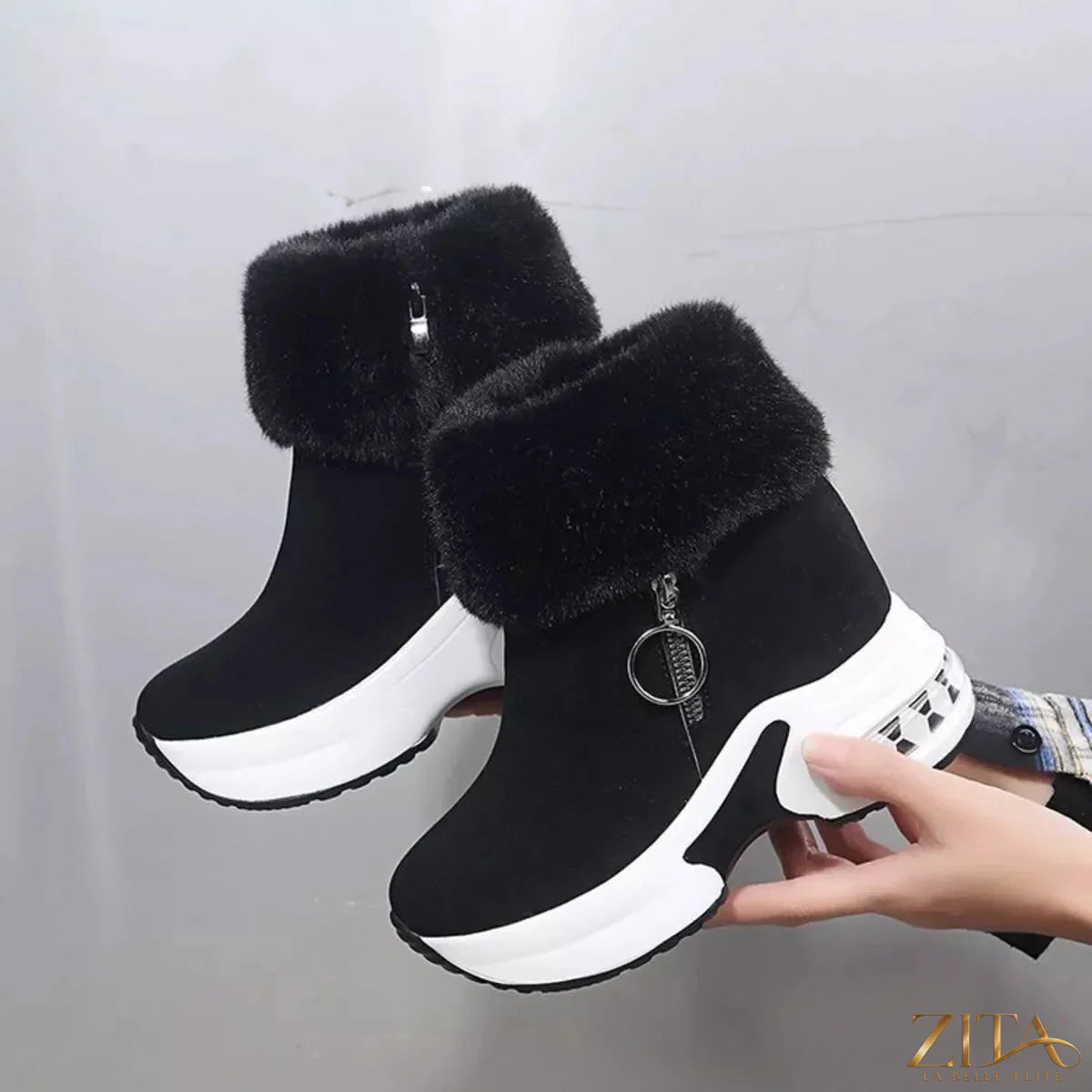 Zita La Belle Elite fuzzy side zipper platform ankle boots with chunky heel and stylish design, shown from the side.