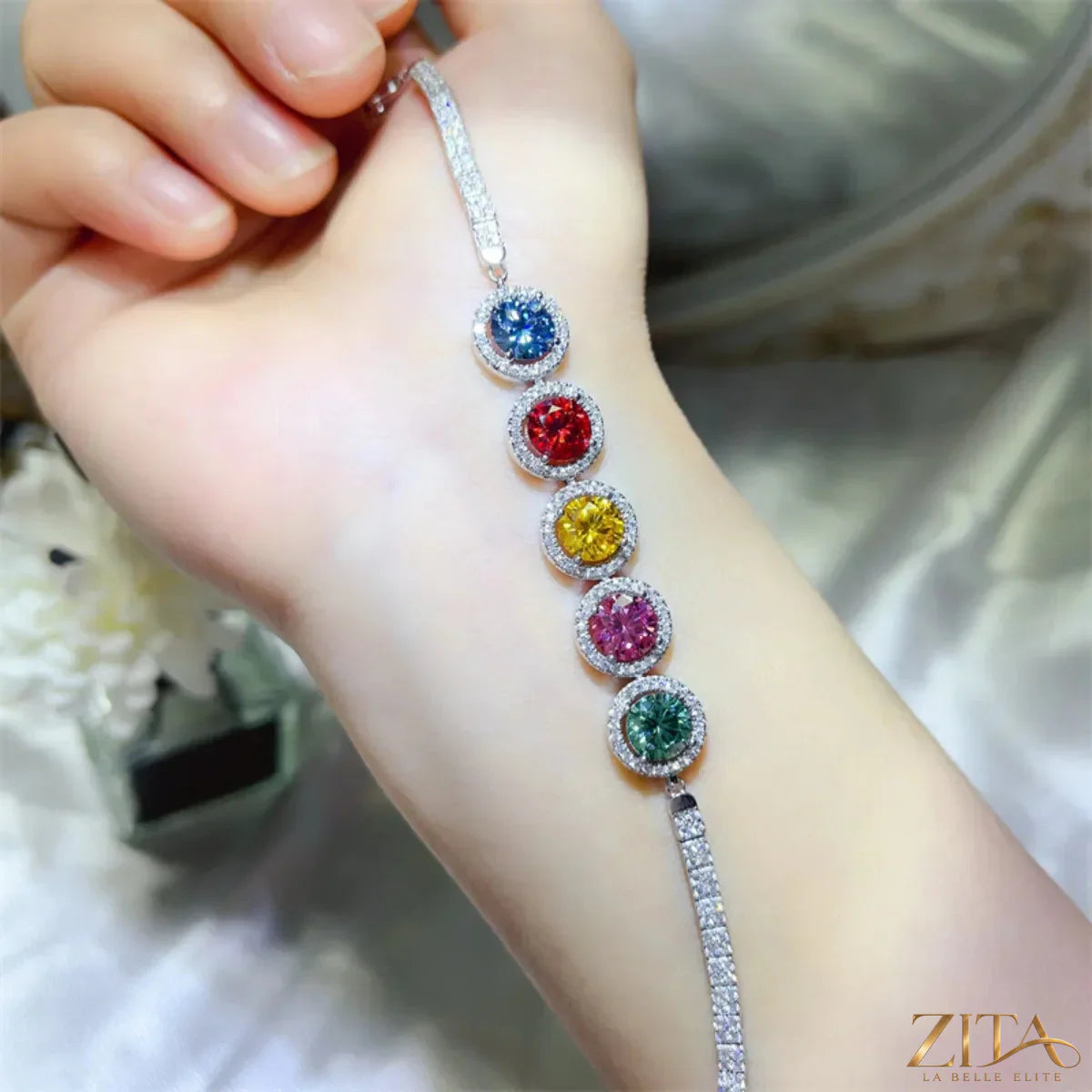 Sterling silver Moissanite bracelet with 5-carat sparkling stones, showcasing a sleek and elegant jewelry design.
