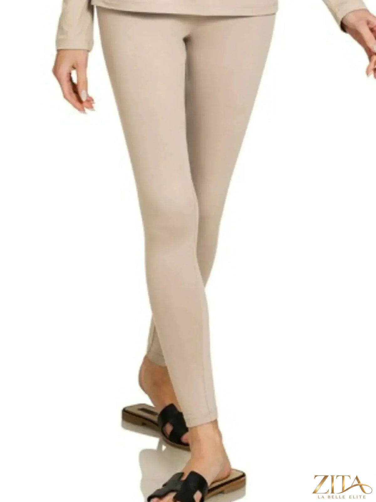 Zita La Belle Elite Zenana microfiber round neck top and matching leggings set, soft fabric, casual wear, in a neutral color.
