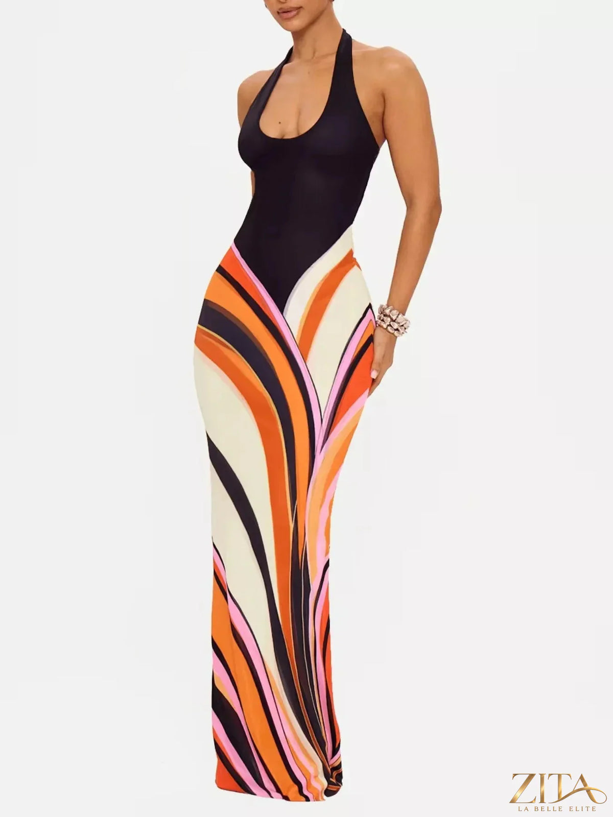 Zita La Belle Elite halter neck maxi dress with abstract print, flowing fabric, and sleeveless design perfect for summer wear.