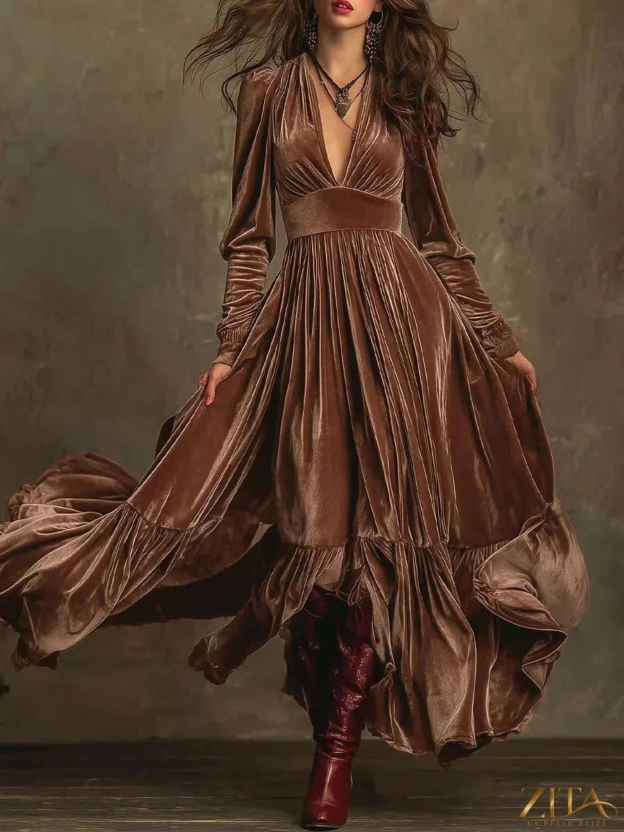 Long sleeve dress with ruffled hem, stylish design from Trendsi, featuring a flowy silhouette and elegant detail.
