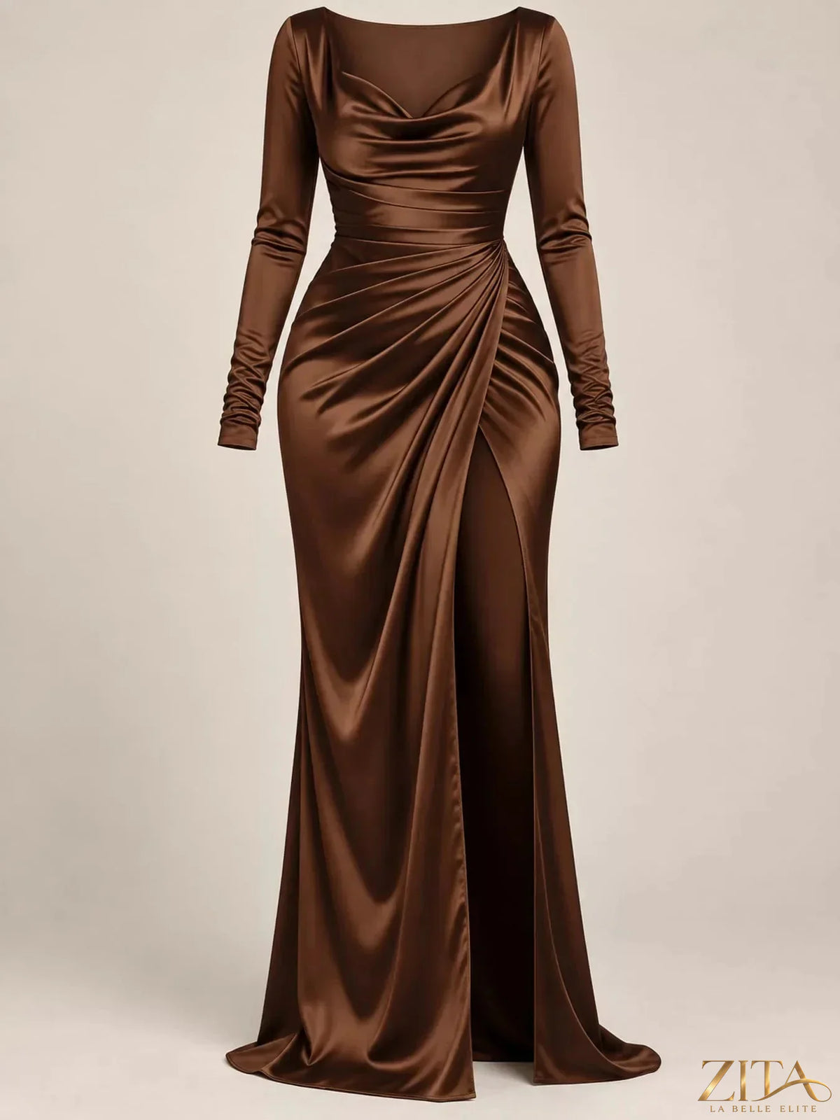 Plus size satin cowl neck evening maxi dress with high slit by Zita La Belle Elite, featuring a flowing design and elegant style.