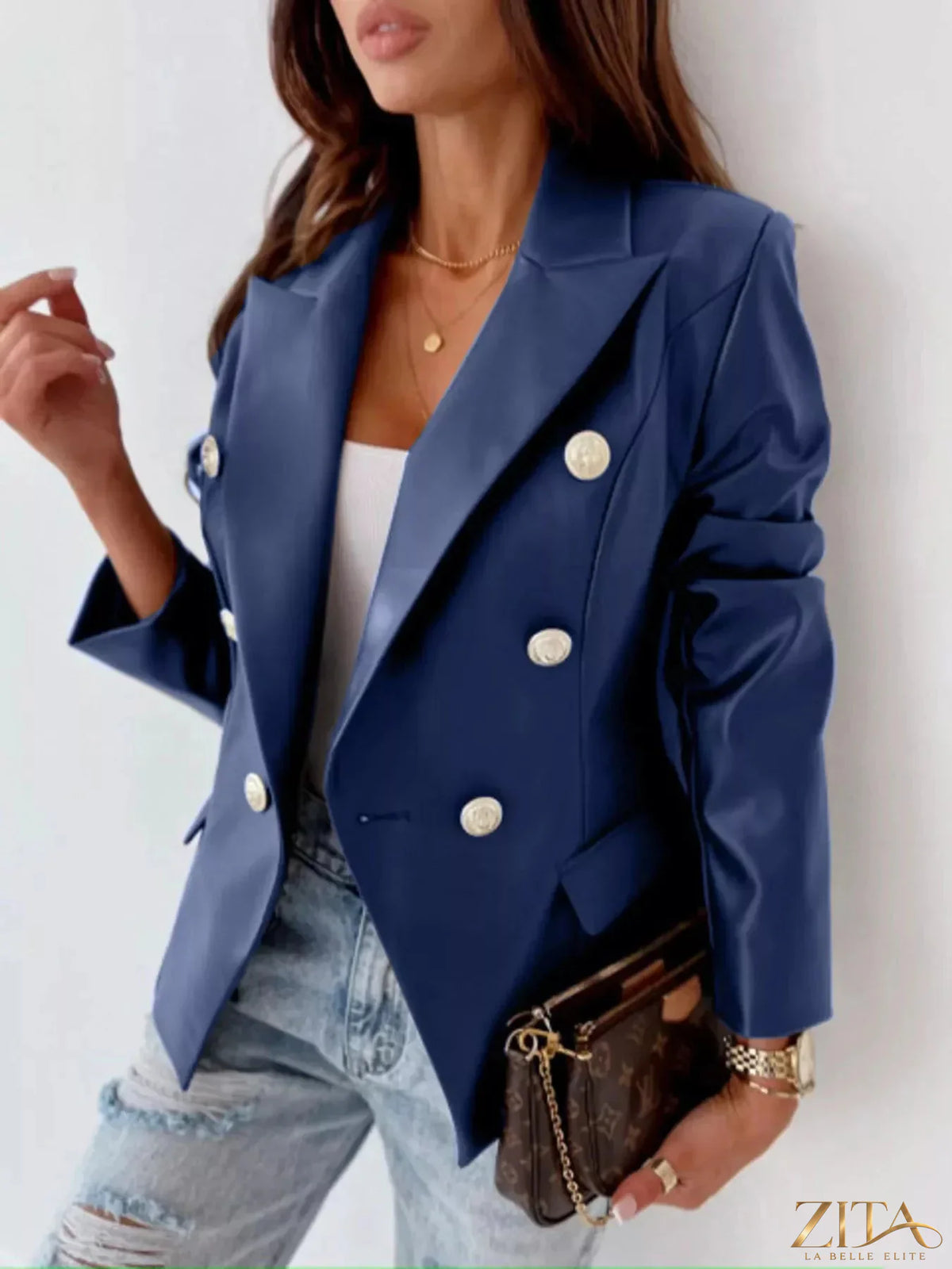 Zita La Belle Elite leather blazer with lapel collar, tailored fit, and stylish design, shown on a model.