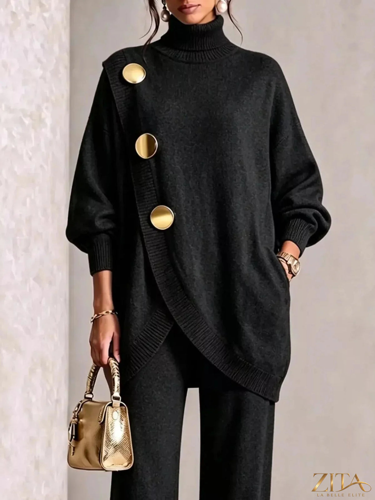 Gold button accent turtleneck sweater and matching pants set by Trendsi, featuring a cozy fit and stylish design.