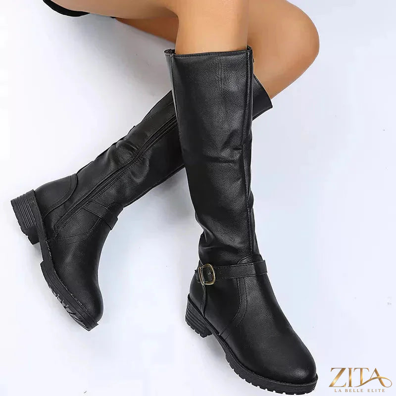 Zita La Belle Elite round toe block heel boots in black leather with sturdy heel and ankle-length design.