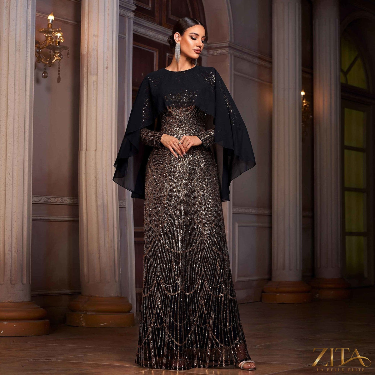 Women’s long sleeve sequin A-line evening dress with shawl by Zita La Belle Elite, featuring shimmering sequins and elegant design