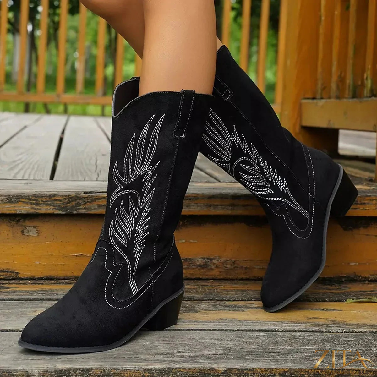 Zita La Belle Elite point toe block heel boots showcasing sleek design and stylish silhouette on a neutral background.