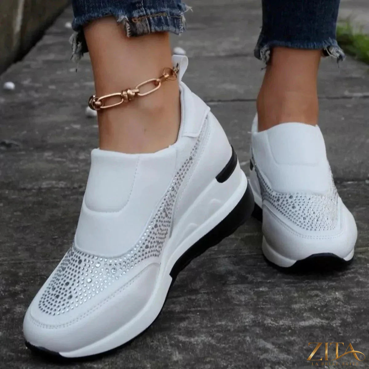 Zita La Belle Elite rhinestone embellished wedge sneakers with sparkling rhinestones and a trendy wedge sole.