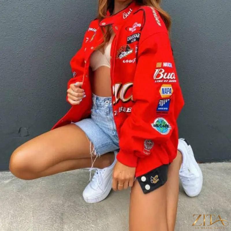Red printed oversized coat jacket with long sleeves, casual autumn-winter style from Zita La Belle Elite.