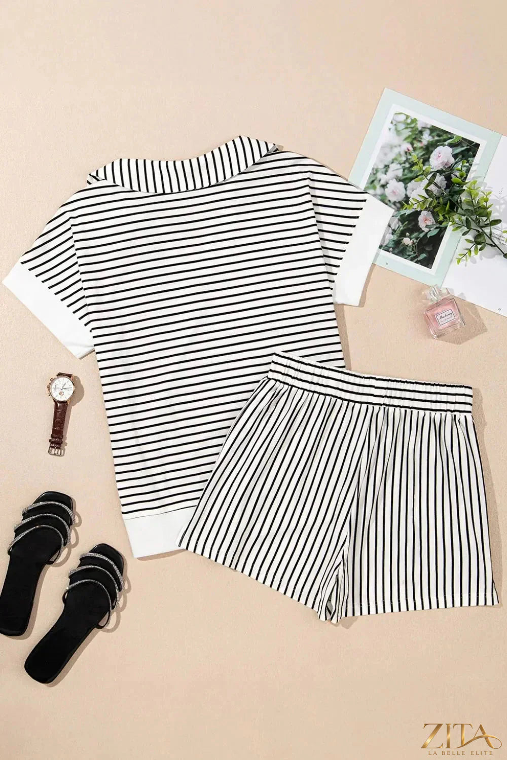 Stripe V neck tee and casual shorts set by Trendsi, two-piece outfit with a relaxed fit and stylish striped design.