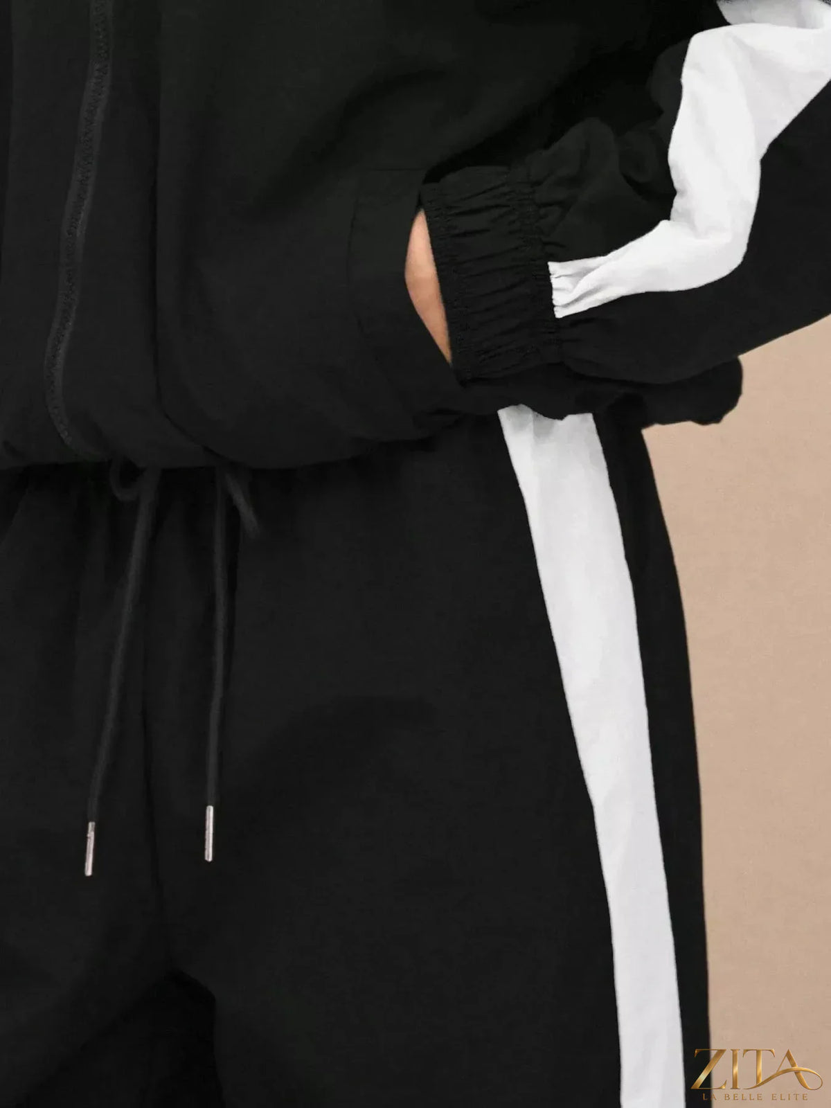 Zita La Belle Elite color-block tracksuit and wide-leg pants set, featuring vibrant panels and comfortable fit.