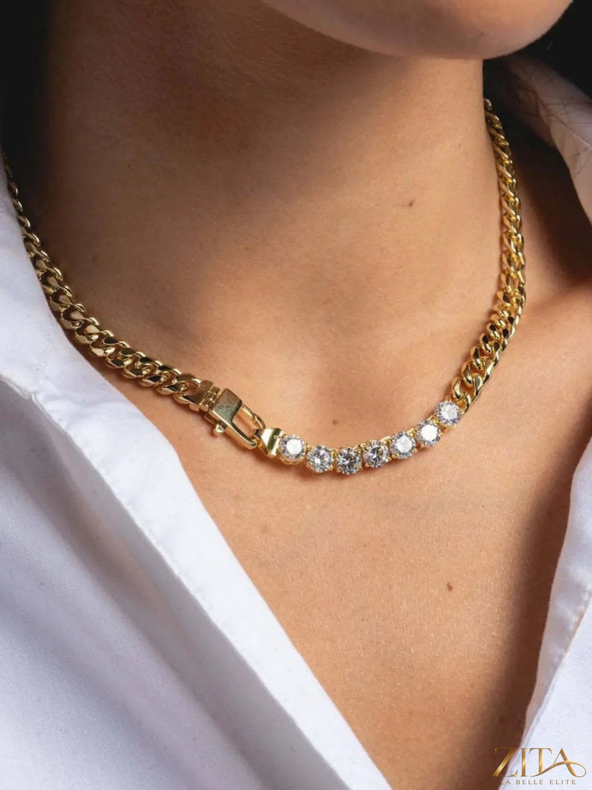 18K gold-plated zircon necklace and bracelet jewelry set featuring sparkling zircon stones and elegant chain links.