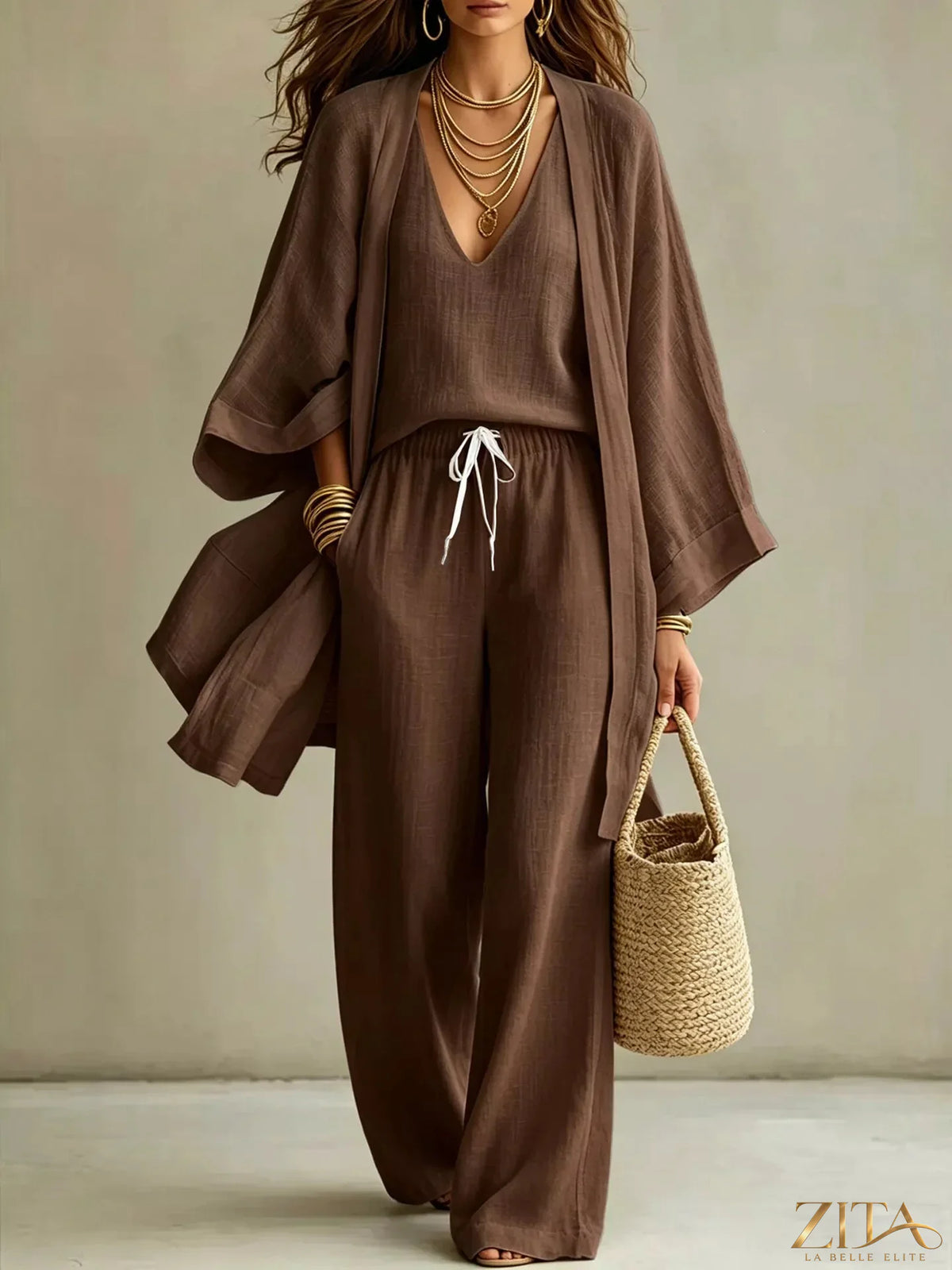 Zita La Belle Elite three-piece V-neck top, cardigan, and pants set, stylish and comfortable for casual or office wear.