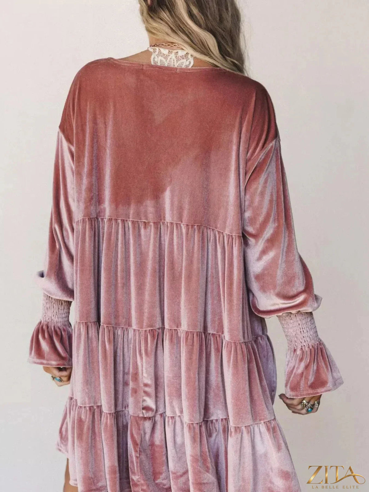 Velvet tiered mini dress with balloon sleeves by Zita La Belle Elite, shown in deep rich color, with elegant flowing design.