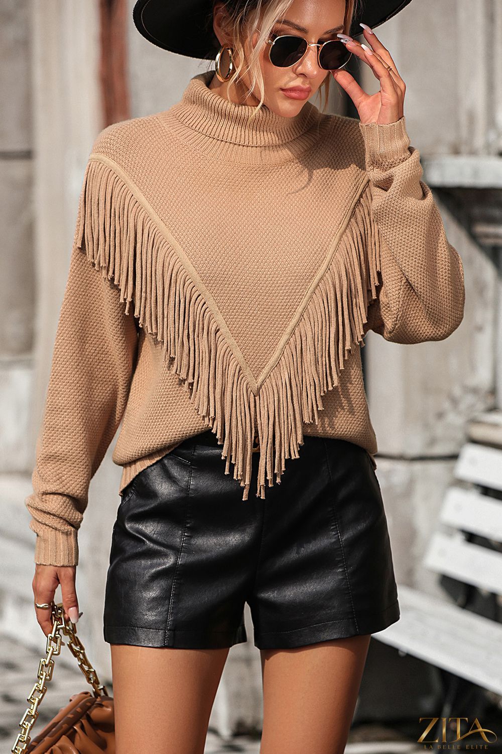 Trendsi turtle neck long sleeve sweater with tassel front, cozy pullover in soft knit fabric, stylish and comfortable for fall.