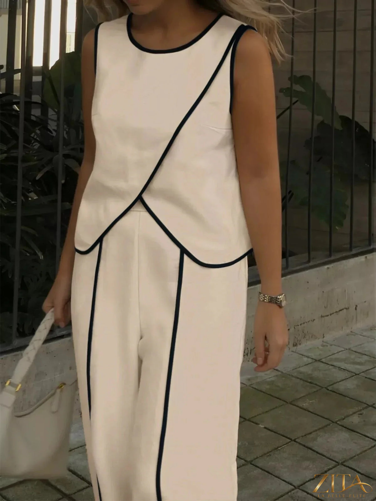Zita La Belle Elite contrast trim top and wide-leg pants set, stylish casual outfit with black and white design, front view.