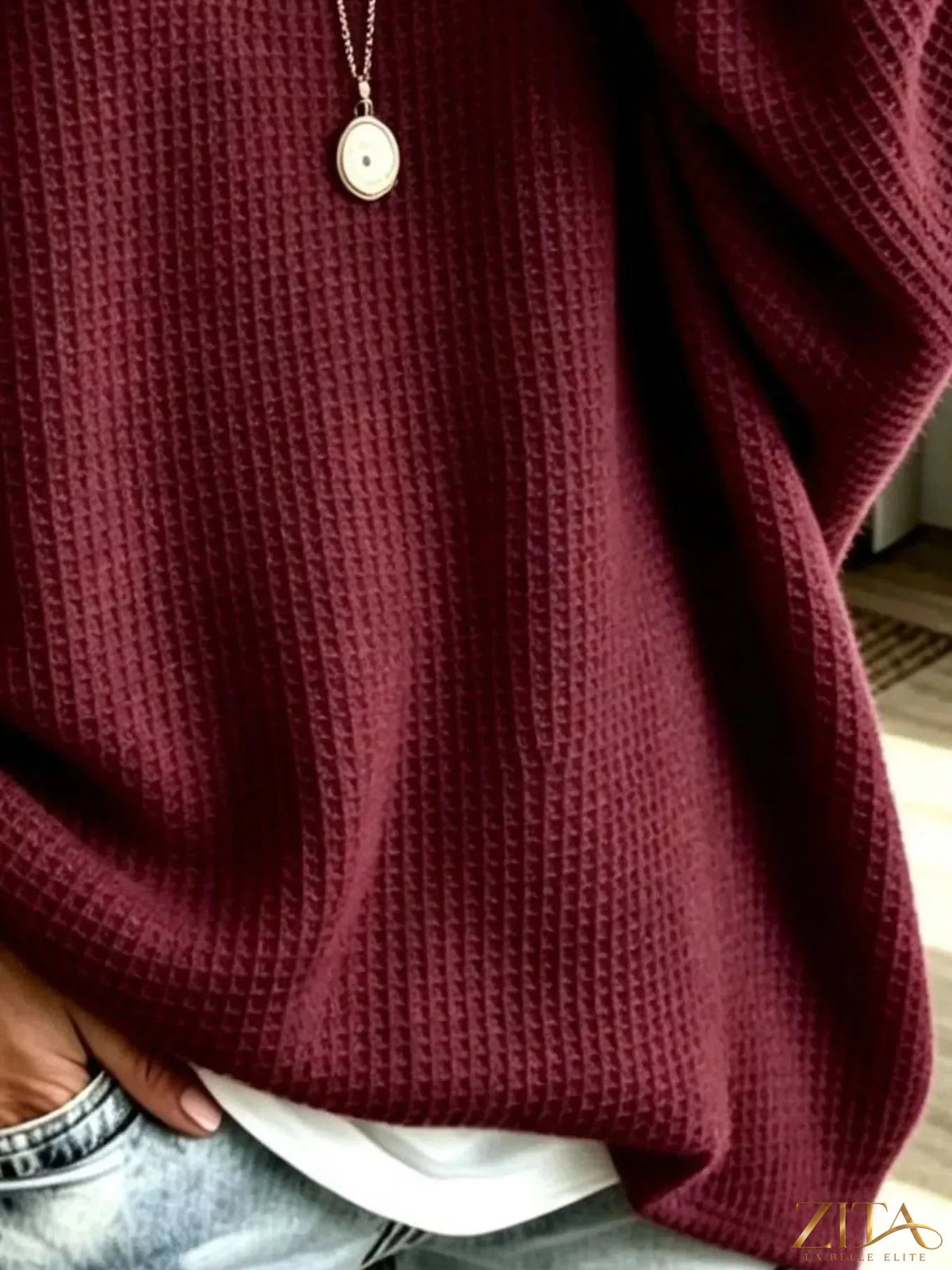 Plus size Zita La Belle Elite waffle knit boat neck sweatshirt with a full-size fit, featuring a cozy, textured fabric and boat neckline.