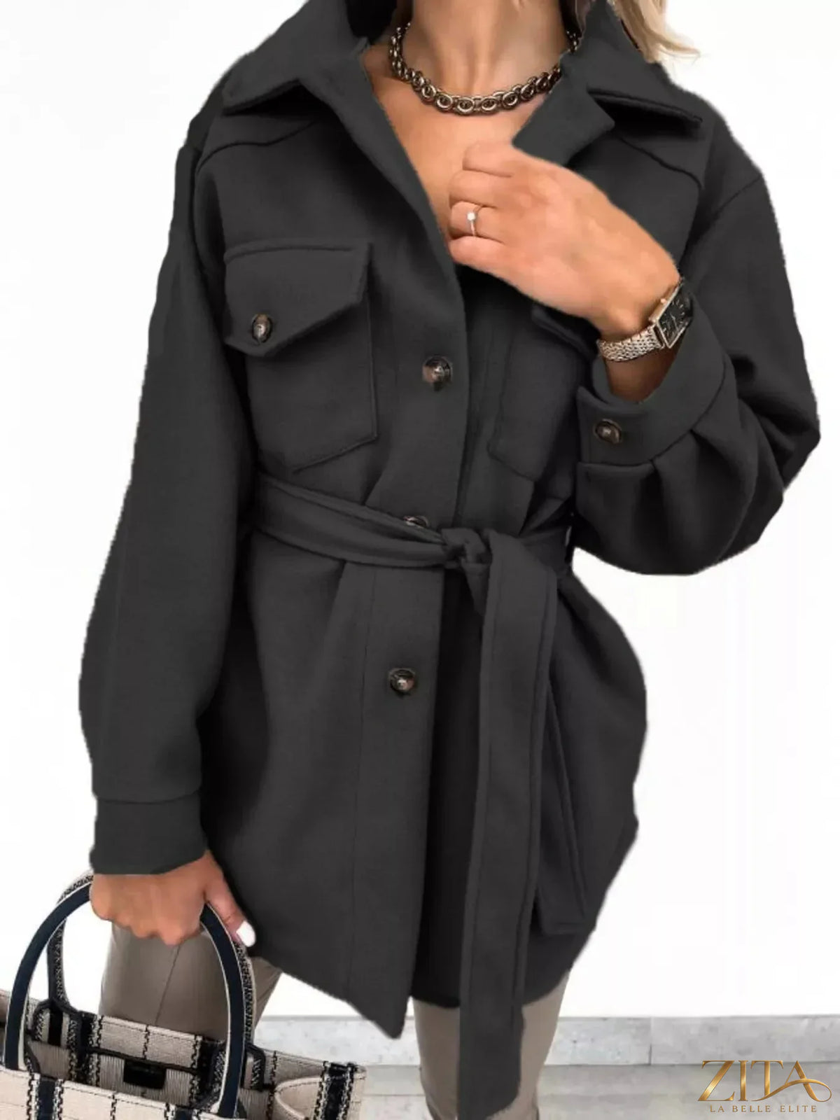 Zita La Belle Elite button-down tie waist coat in neutral fabric, featuring a classic collar and front buttons.