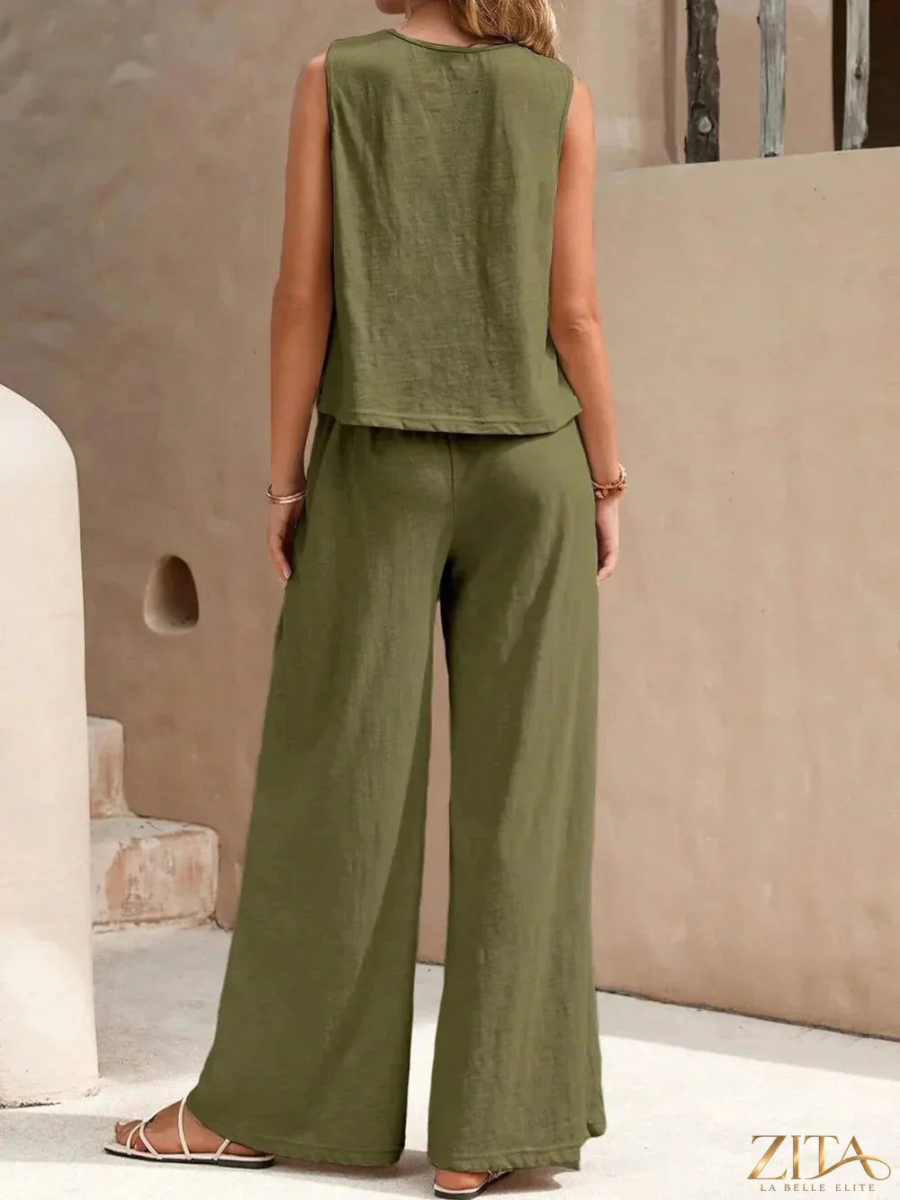Zita La Belle Elite sleeveless round neck top and wide-leg pants set in stylish fabric, shown on a model.