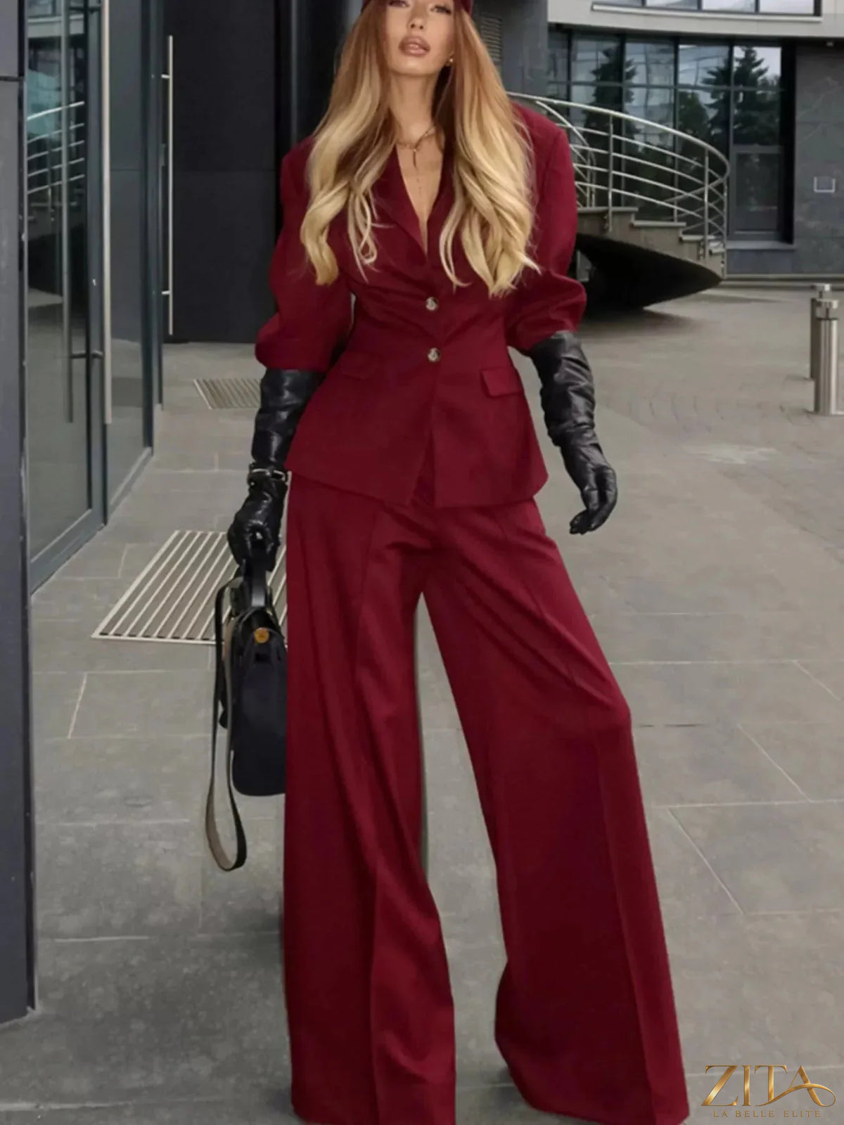 Zita La Belle Elite single-breasted blazer and wide-leg pants set, tailored, stylish, in neutral fabric, displayed on a mannequin.