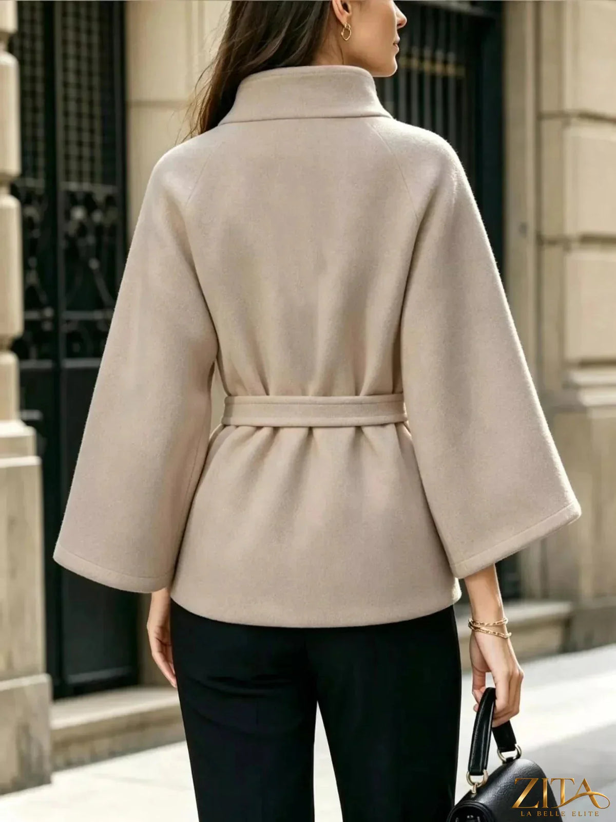 Zita La Belle Elite button-down cape coat with belted waist, featuring a stylish draped design and elegant silhouette.