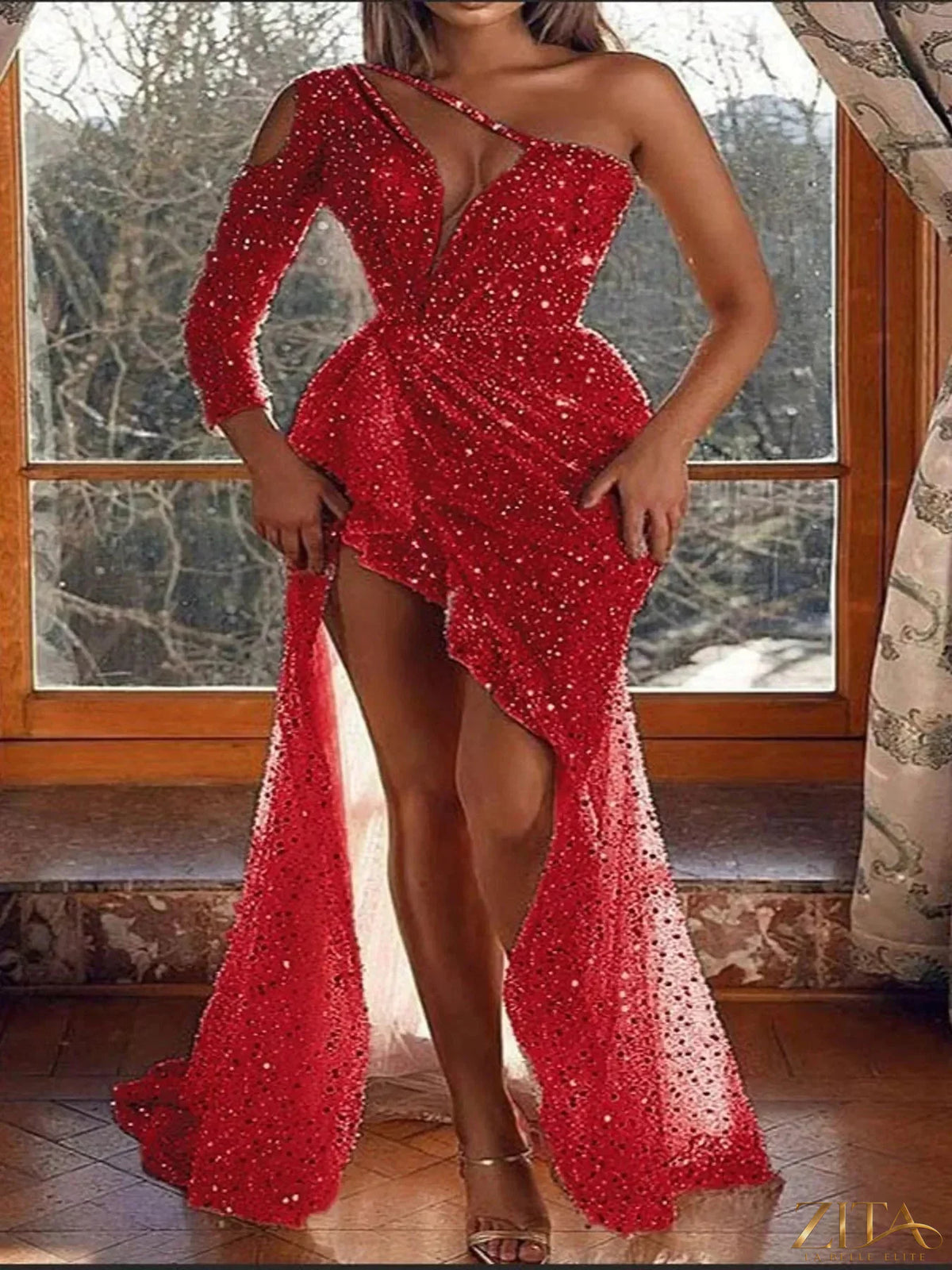 Plus size Zita La Belle Elite sequin one-shoulder evening dress with high slit and full length, elegant and glamorous for special occasions.
